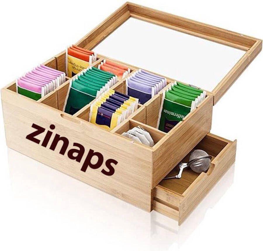 Zinaps Theedoos Deluxe bamboe theedoos decoratieve houten theedoos met 8 verdelers en lade voor opslag van thee (zakjes) en andere accessoires