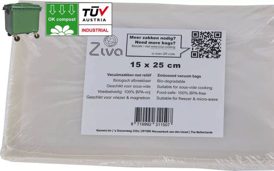 Ziva bio vacuümzakken reliëf 15x25cm Geschikt voor sous vide en vriezer Composteerbaar Gecertificeerd GFT-Aval Milieuvriendelijk