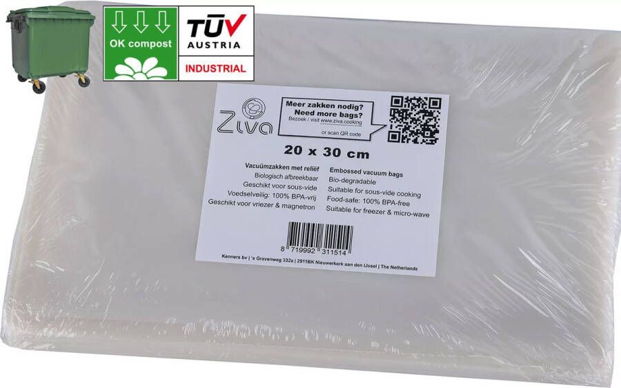 Ziva bio vacuümzakken reliëf 20x30cm Geschikt voor sous vide en vriezer Composteerbaar Gecertificeerd GFT-Aval Milieuvriendelijk