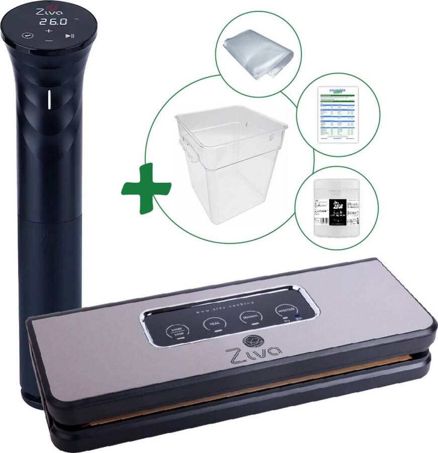 Ziva Sous vide bundel met Savant (1200W) sous-vide stick Easyvac vacuümsealer Groot (18 liter) waterbak reservoir handige accessoires!