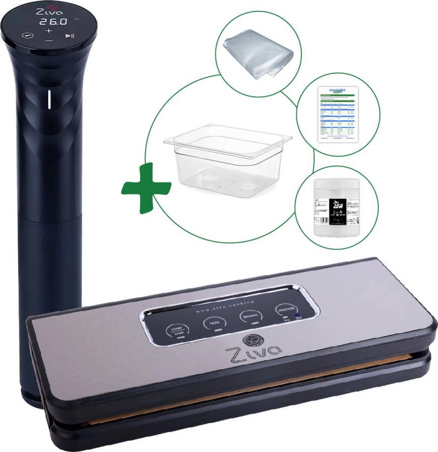 Ziva Sous vide bundel met Savant (1200W) sous-vide stick Easyvac vacuümsealer Middelgrote (12 liter) waterbak reservoir handige accessoires!