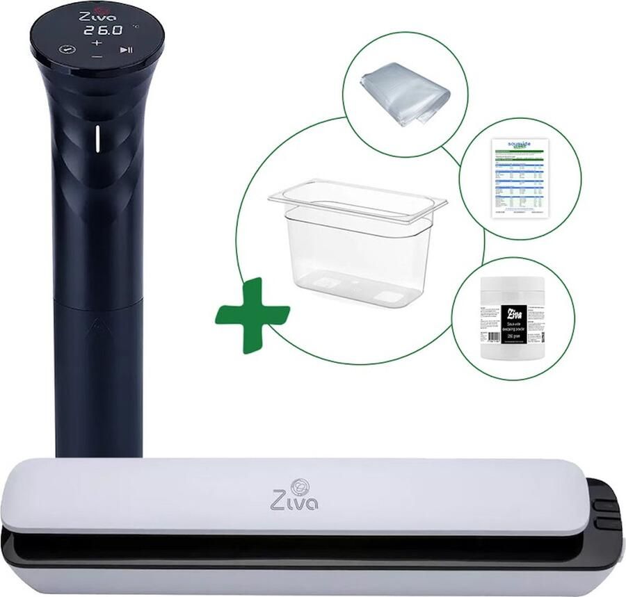 Ziva Sous vide bundel met Savant (1200W) sous-vide stick Slimtouch vacuümsealer Klein(7 liter) waterbak reservoir handige accessoires!