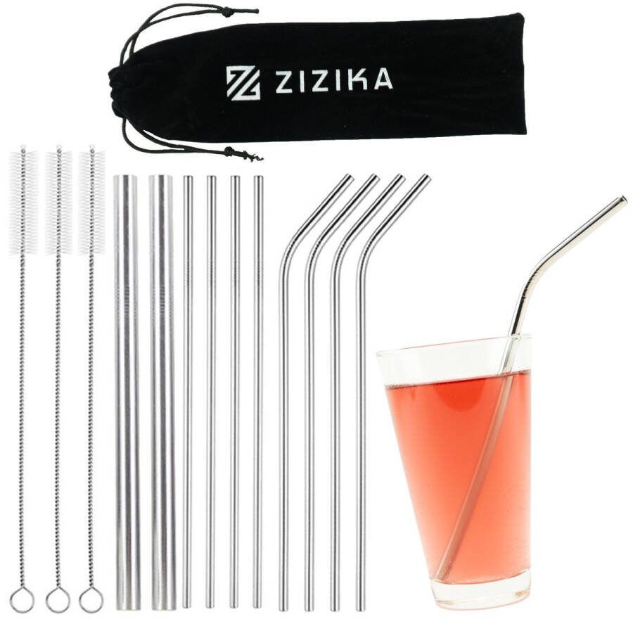 ZIZIKA Duurzame RVS Herbruikbare Rietjes Lange Cocktail en Smoothie Drinkrietjes Herbruikbaar BPA vrij 14 Delige Set Zilver