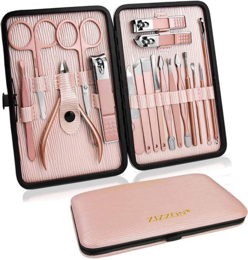 ZIZZON Roze manicureset 18 in 1 Professionele pedicureset voor nagels Verzorgingsset met lederen opberg verpakking