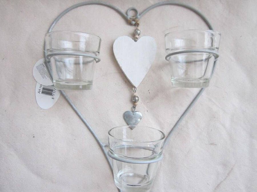 ZoeZo Design 2 stuks hanger hart Valentijn wandhanger muurhanger raamhanger met 3 glazen waxinelichtjeshouders lichtgrijs wit H32 x Br25 x D8 cm