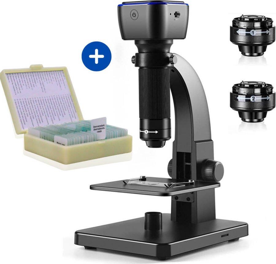 Zoomble Digitale Microscoop met 25 Voorbereide Preparaten & Camera – 2000x Zoom – E-book Microscopie Foto Video Wifi USB connectie 1800mAh Batterij – 11 LED Lampen