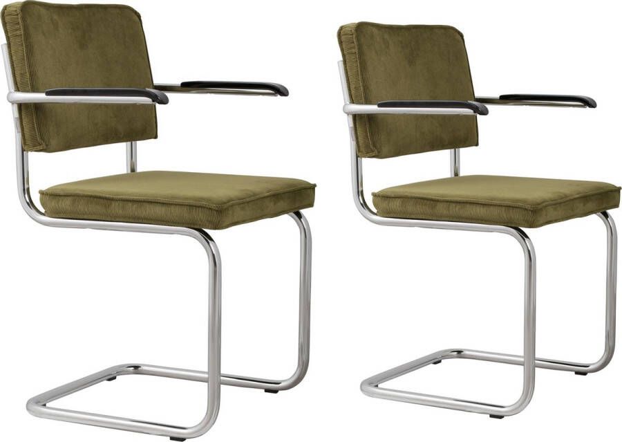 Zuiver Ridge Rib Eetkamerstoelen met armleuning Groen Set van 2