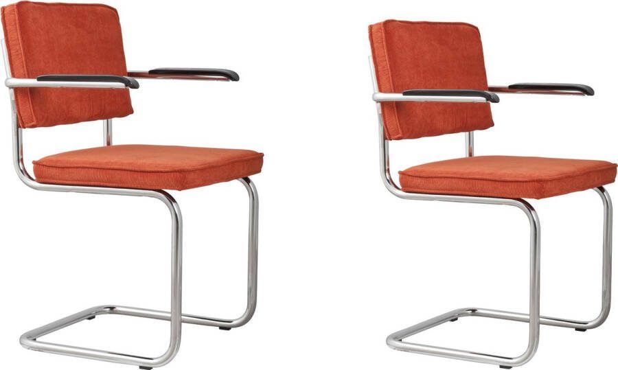 Zuiver Ridge Rib Eetkamerstoelen met armleuning Oranje Set van 2