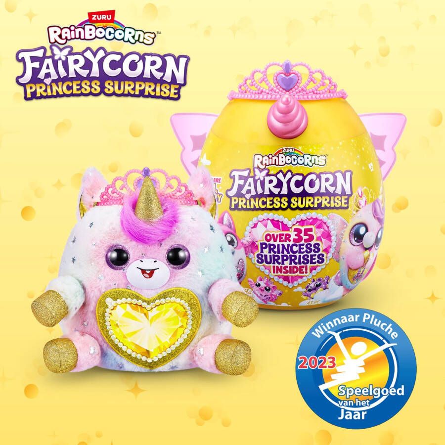 ZURU Rainbocorns Fairycorn Princess Surprise Verrassingsei Uitpakken Geel Fairy Princesses Fantasie Pluche Knuffel Met Meer Dan 35 Verrassingen Cadeau-Idee 29x29 cm Vanaf 3 Jaar