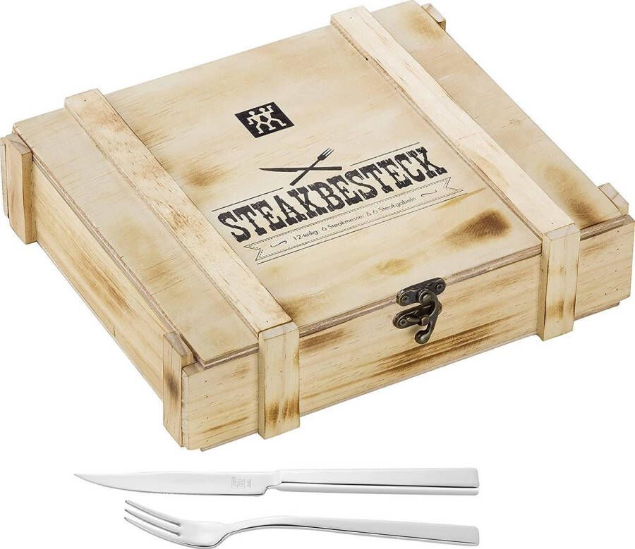 Zwilling Steak bestekset 12-delig In rustieke houten doos Roestvrij staal