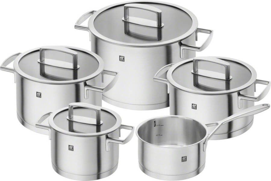 Zwilling Vitality 66460-000-0 pannenset 4 kookpannen 1 steelpan glazen deksels grijs