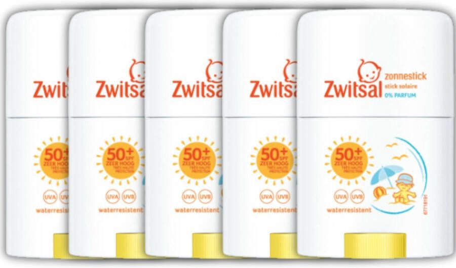 Zwitsal Zonnenbrand Stick SPF 50+ Sunstick 5 x 25g Zonnebrand Kinderen Watervast Parfum Vrij Zonnecreme baby & kind Stick Solaire