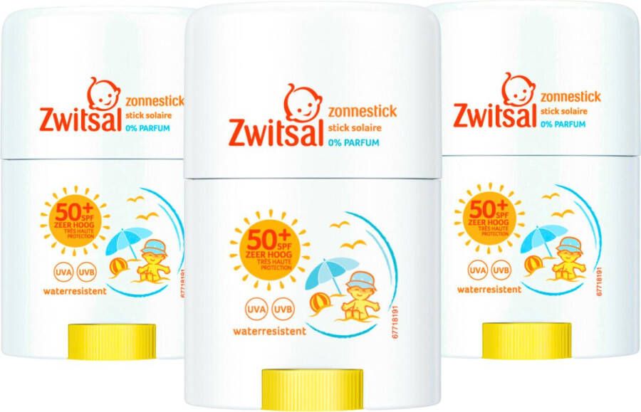 Zwitsal Zonnestick SPF 50+ 0% parfum Waterresistent 3 x 25g Zonnebrand Stick