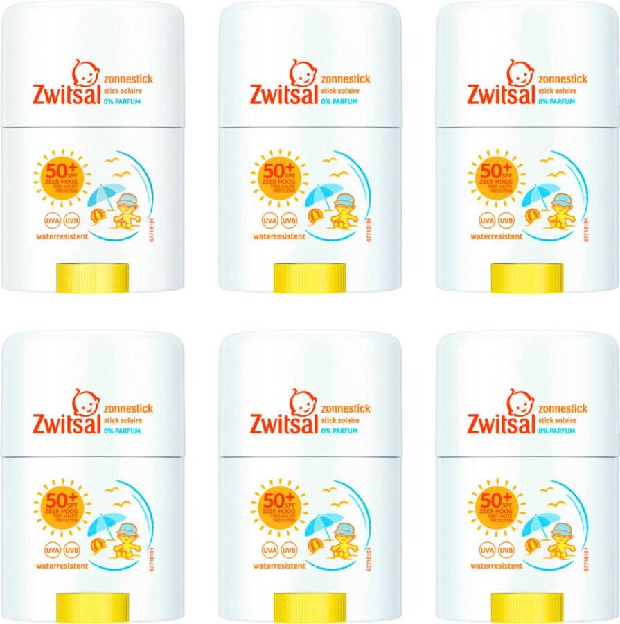 Zwitsal Zonnestick SPF 50+ 0% parfum Waterresistent 6 x 25g Zonnebrand Stick