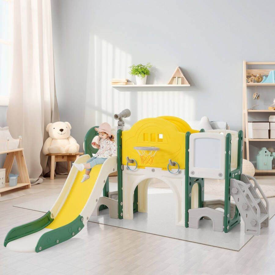 ZYLARO Speeltoestel 10 in 1 kinderglijbaanklimspeelgoed multifunctionele glijbaan vrijstaande glijbaan klimtoestel boorspel opbergruimte speelgang basketbalring lassospel tekentafel golfspel telescoop
