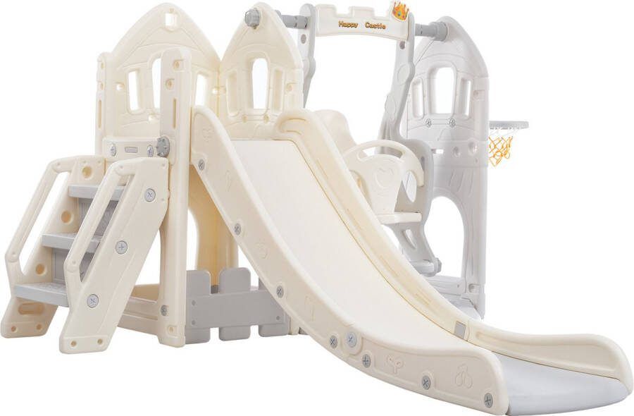 ZYLARO Speeltoestel 5-in-1 kinderglijbaan bestaande uit glijbaan schommel onderkast basketbalstandaard en trap zowel binnen als buiten te gebruiken grijs en wit geschikt voor kinderen van 1-5 Jaar