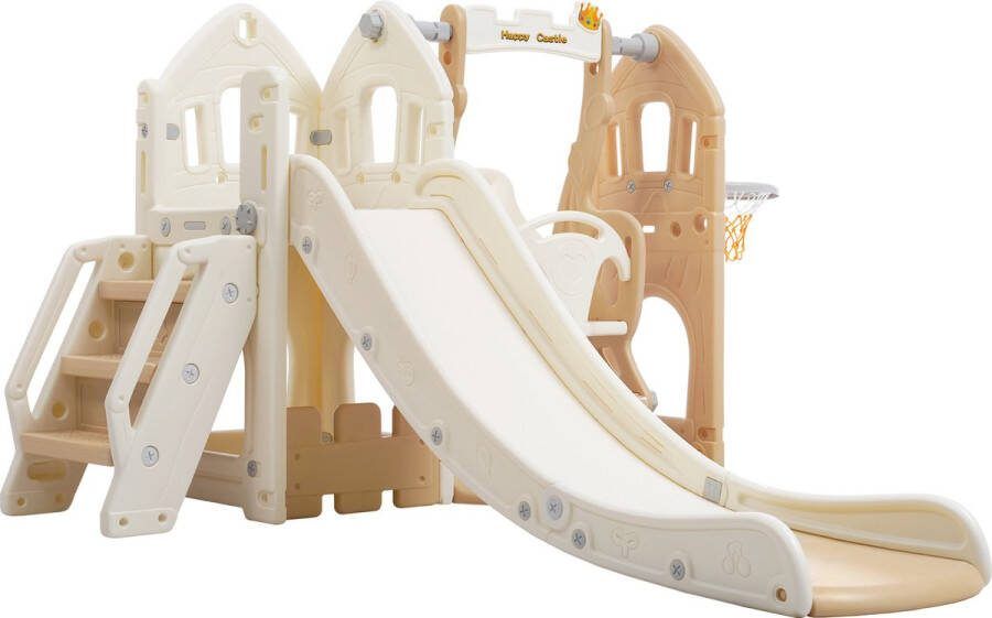 ZYLARO Speeltoestel 5-in-1 kinderglijbaan bestaande uit glijbaan schommel onderkast basketbalstandaard en trap zowel binnen als buiten te gebruiken bruin en wit geschikt voor kinderen van 1-5 Jaar