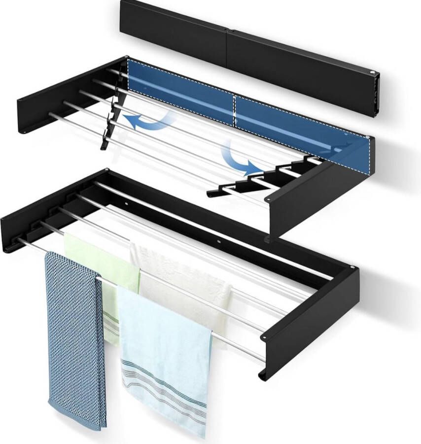 ZYLIX Wanddroogrek Zwart 80 cm Inklapbaar Incl. Boormal Wasrek Hangend Uitklapbaar Ophangbaar 4m Drooglengte