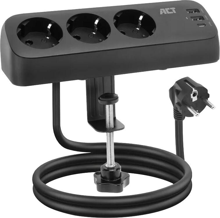 ACT AC2480 Bureau Stekkerdoos 3-voudig 1 5 meter 3x Usb 30W Zwart