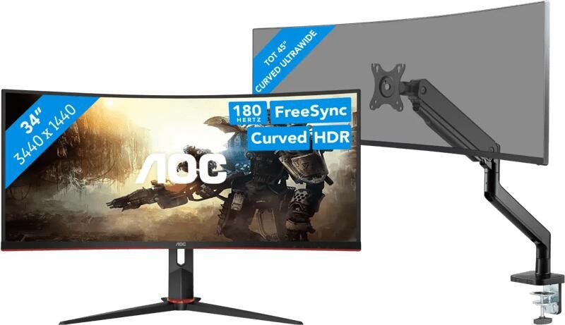 AOC CU34G2XP BK + BlueBuilt Monitorarm Mechanische Veer voor 1 Ultrawide Monitor