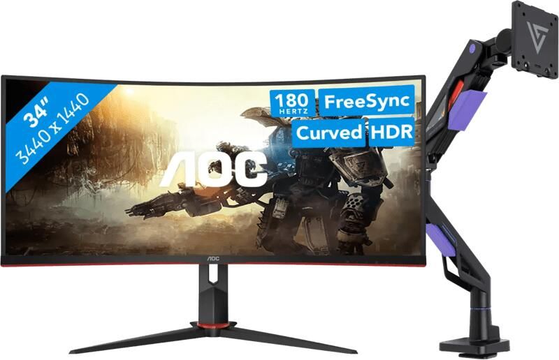 AOC CU34G2XP BK + Vortech Monitorarm met Gasveer