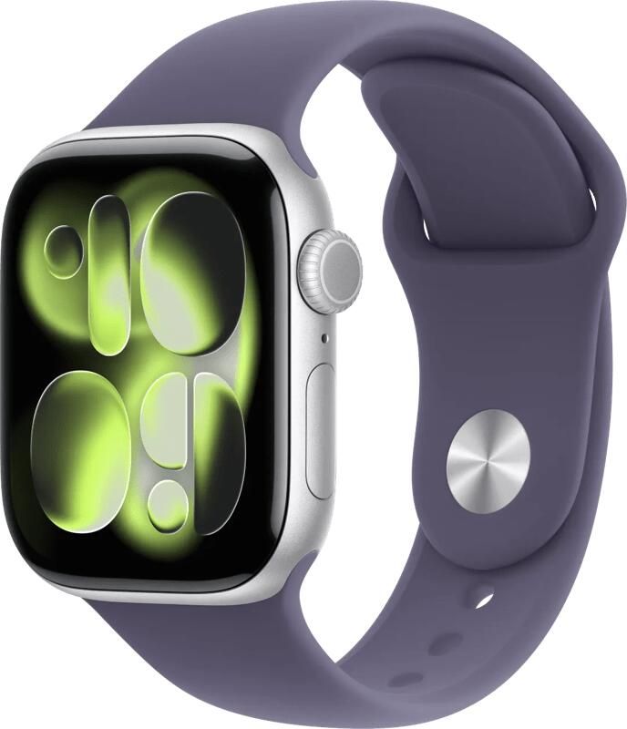 Apple Watch Series 11 GPS 42mm Silver Aluminium Case met Purple Fog Sport Band S M Smartwatch Zilver