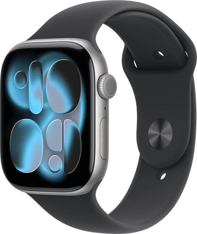 Apple Watch Series 11 GPS 46mm Space Grey Aluminium Case met Black Sport Band S M Smartwatch Grijs