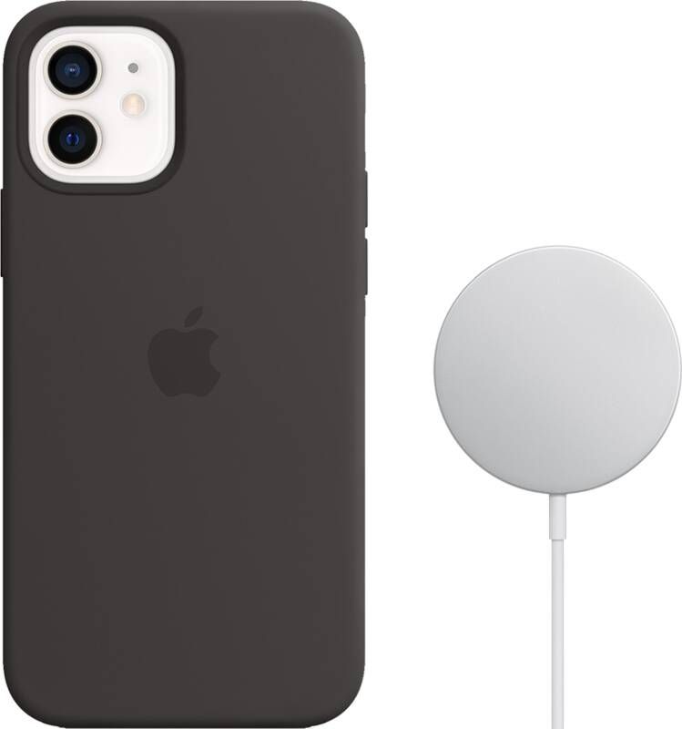Apple iPhone 12 12 Pro Silicone Back Cover met MagSafe Zwart + MagSafe Draadloze Oplader
