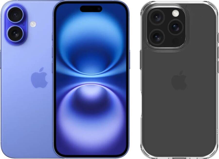 Apple iPhone 16 128GB Blauw + BlueBuilt Protective Back Cover Transparant