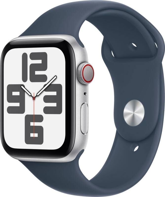 Apple Watch SE (2022) 4G 44mm Zilver Aluminium Sportband M L Smartwatch Blauw