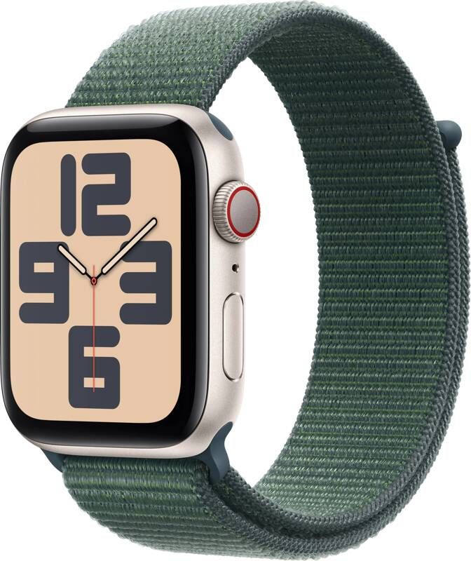 Apple Watch SE GPS + Cellular 44mm Aluminium Case met Lake Green Sport Loop Smartwatch Grijs