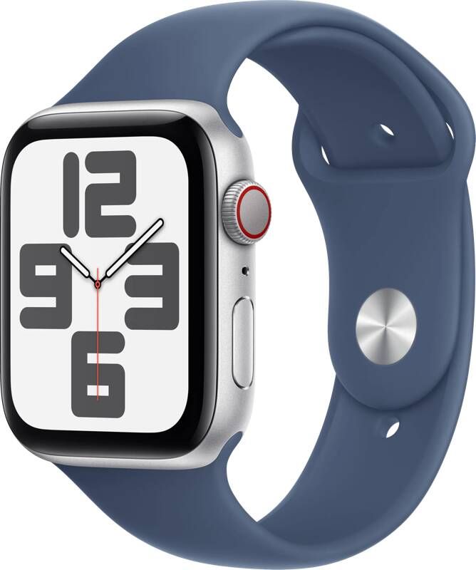 Apple Watch SE GPS + Cellular 44mm Aluminium Case met Denim Sport Band S M Smartwatch Zilver