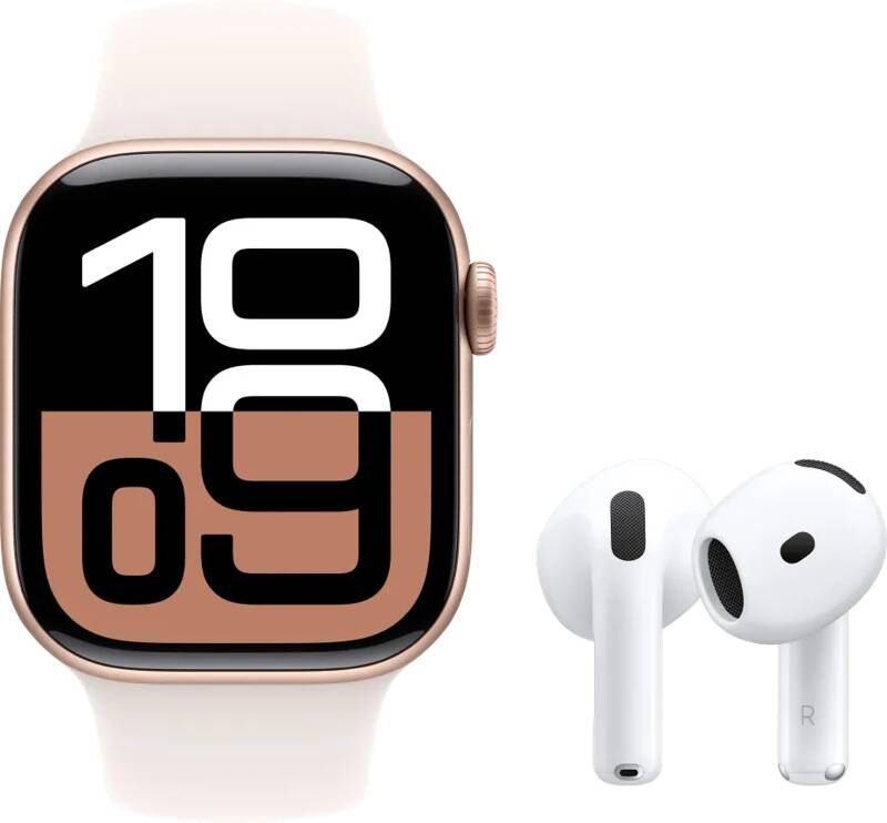 Apple Watch Series 10 42mm Roségoud Sportband S M + AirPods 4 Active Noise Cancelling