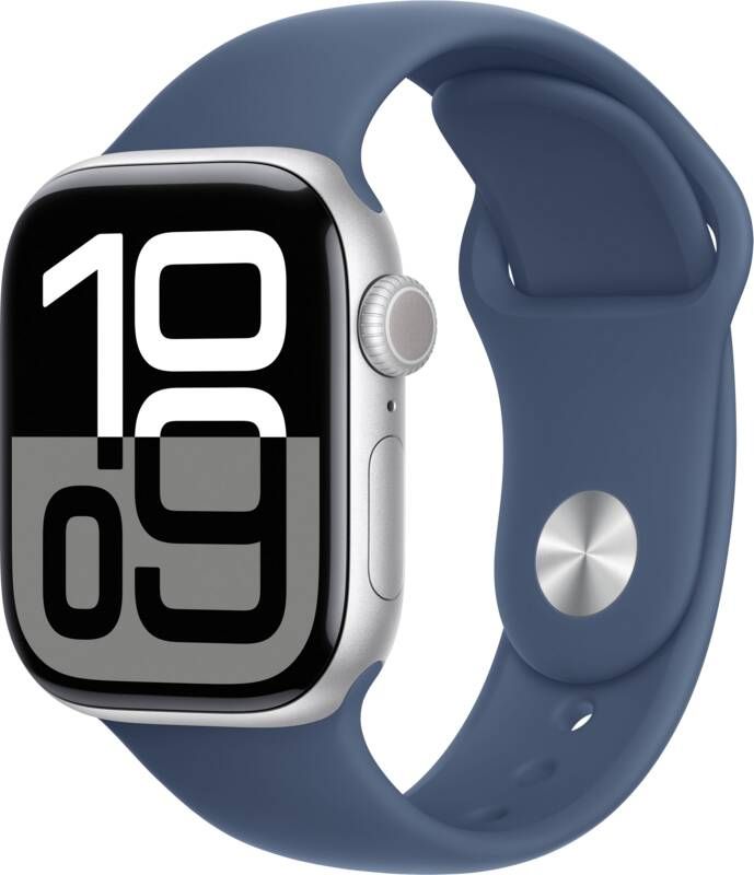 Apple Watch Series 10 GPS 42mm Aluminium Case met Denim Sport Band M L Smartwatch Zilver