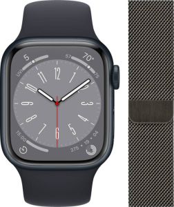 Apple Watch Series 8 4G 45mm Midnight Aluminium Sportband + Polsband Milanees Grafiet
