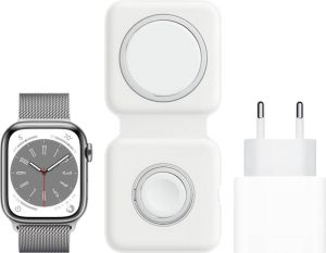 Apple Watch Series 8 4G 45mm Zilver Rvs Milanese Polsband + MagSafe Oplaadpakket