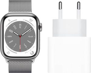 Apple Watch Series 8 4G 45mm Zilver Rvs Milanese Polsband + Oplader