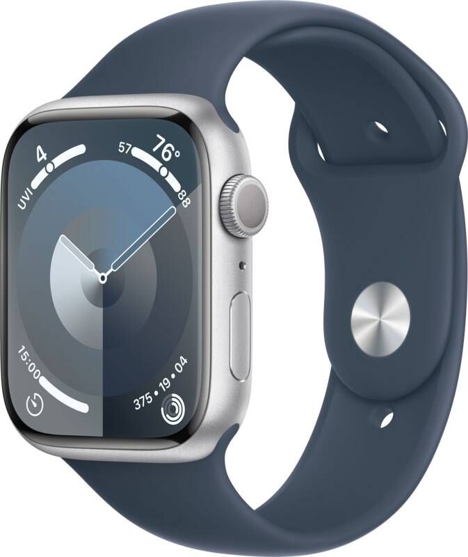 Apple Watch Series 9 45mm Zilver Aluminium Sportband S M Smartwatch Blauw