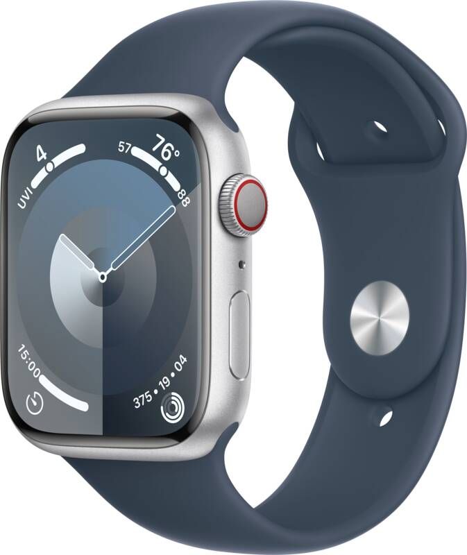 Apple Watch Series 9 4G 45mm Zilver Aluminium Sportband Blauw S M