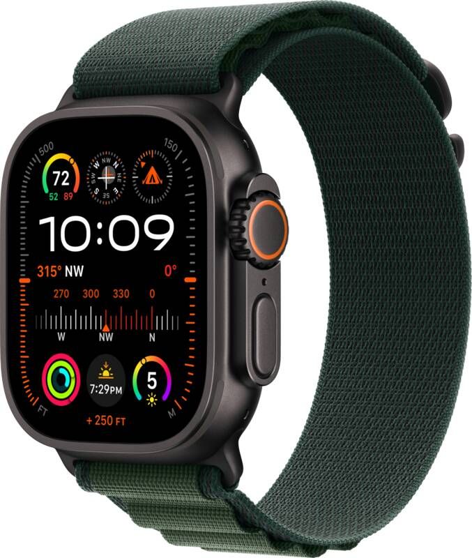 Apple Watch Ultra 2 GPS + Cellular 49mm Titanium Case met Dark Green Alpine Loop Large Smartwatch Zwart