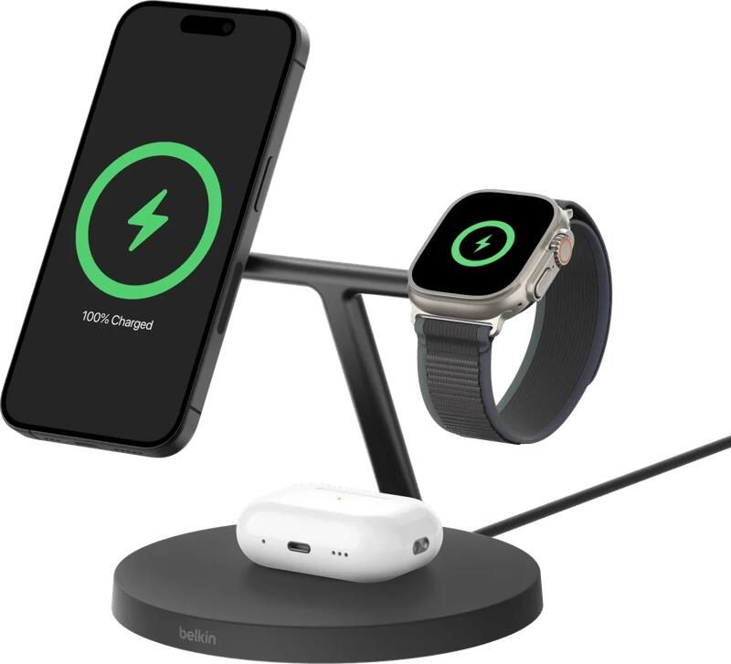 Belkin Boost Charge Pro MagSafe en Qi2 3-in-1 Draadloze Oplader 15W met Standaard Zwart