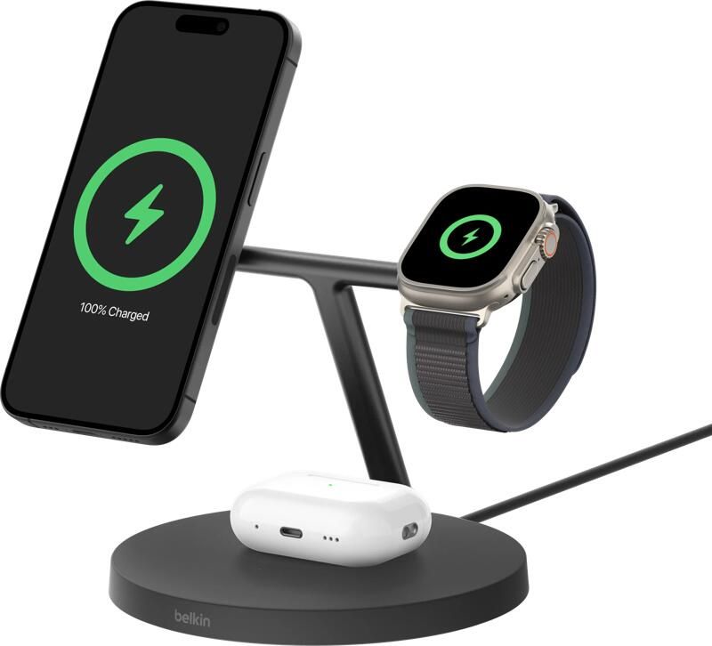 Belkin Boost Charge Pro MagSafe en Qi2 3-in-1 Draadloze Oplader 15W met Standaard Zwart