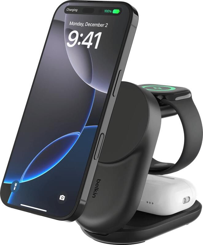 Belkin UltraCharge 3-in-1 MagSafe Draadloze Oplader met Standaard Qi2 25W Zwart