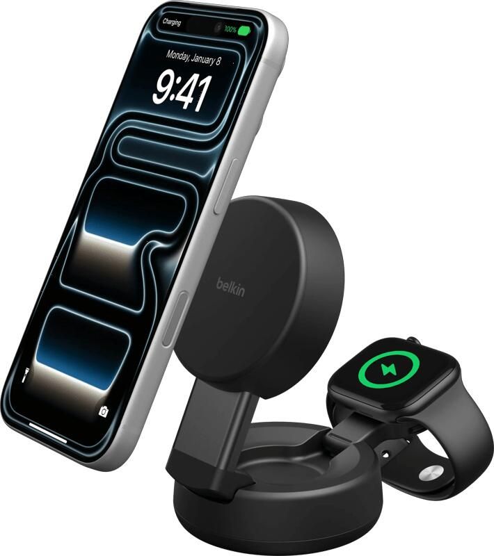 Belkin UltraCharge Pro 2-in-1 MagSafe Draadloze Oplader met Standaard Qi2 25W Zwart