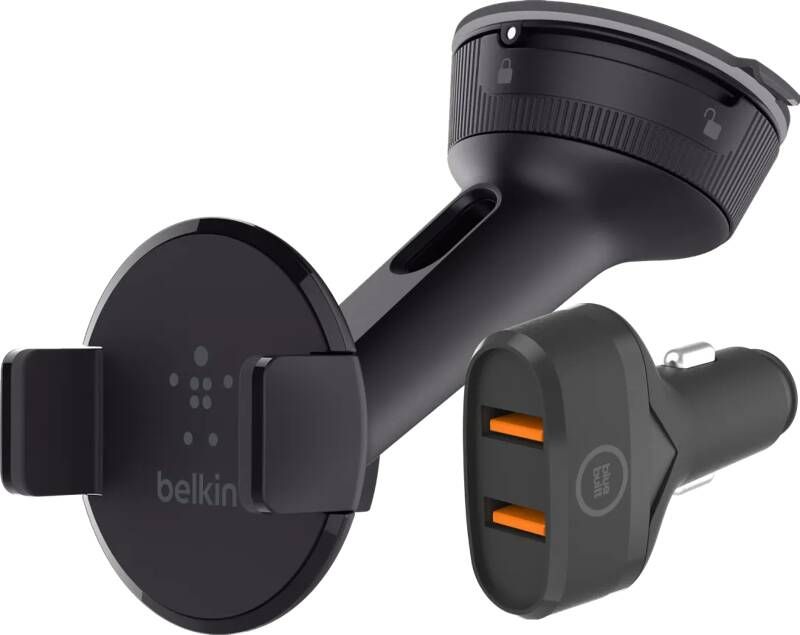 Belkin Telefoonhouder Auto Dashboard Voorruit + BlueBuilt Autolader Quick Charge 18W