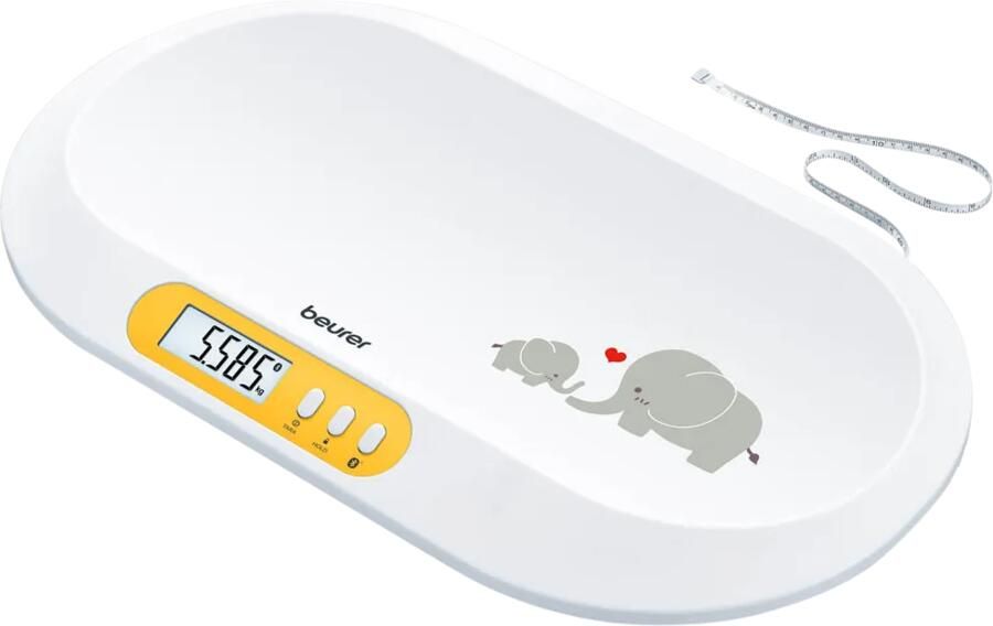 Beurer BY 90 Babyweegschaal Bluetooth Automatische hold functie Tarra Groot LCD display Gebogen weegvlak Tot 20 kg Op 5 gram nauwkeurig Geïntegreerd meetlint Gratis BabyCare app Incl. batterijen 3 Jaar garantie