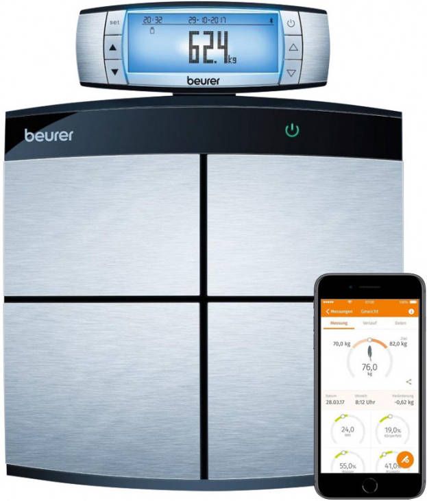 Beurer BF 105 Personenweegschaal Lichaamsanalyse Digitaal Bluetooth Tot 180 kg Afneembaar draadloos XXL display Meting Boven-en onderlichaam 10 Gebruikers HealthManager Pro app Incl. batterijen 5 Jaar garantie