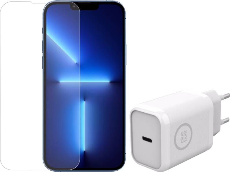 BlueBuilt Apple iPhone 14 13 13 Pro Screenprotector Glas + Oplader 30W Wit