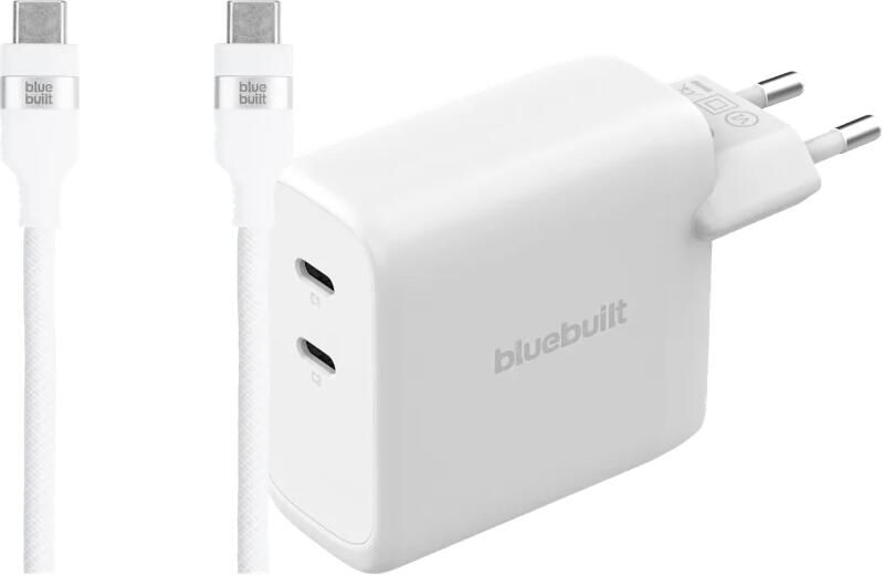 BlueBuilt 100W GaN Oplader met 2 Usb C Poorten Wit + Usb C Kabel 240W 2m Nylon