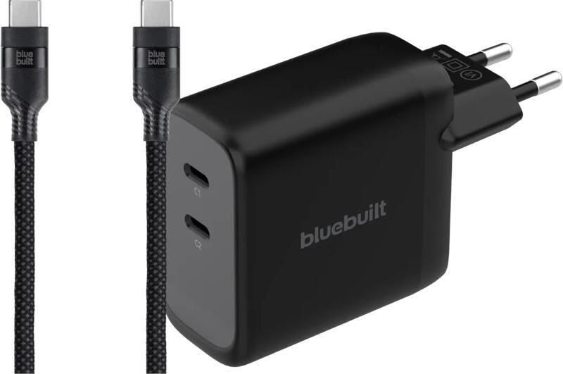 BlueBuilt 100W GaN Oplader met 2 Usb C Poorten Zwart + Usb C Kabel 240W 2m Nylon